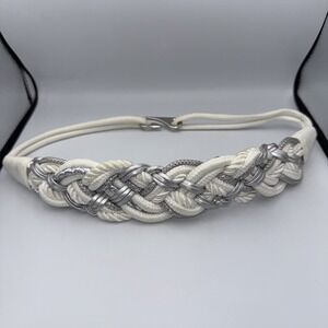 Vintage 1980's Braided Woven Rope Silver  Belt White Boho Beach Mermaid Small